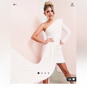 ASOS luxe one shoulder asymmetric draped mini dress in white sequin